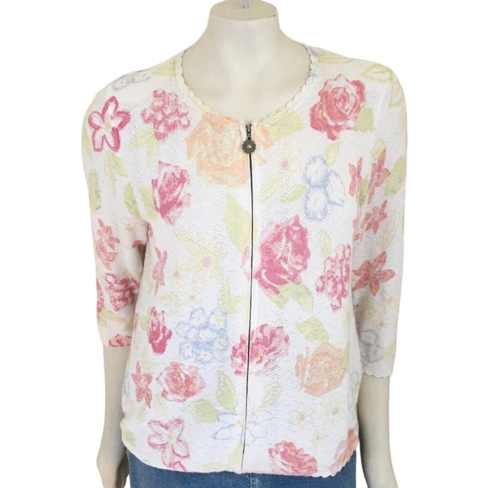 VTG CHRISTOPHER & BANKS 100% Cotton Pastel Floral Full Zip Cardigan SZ M